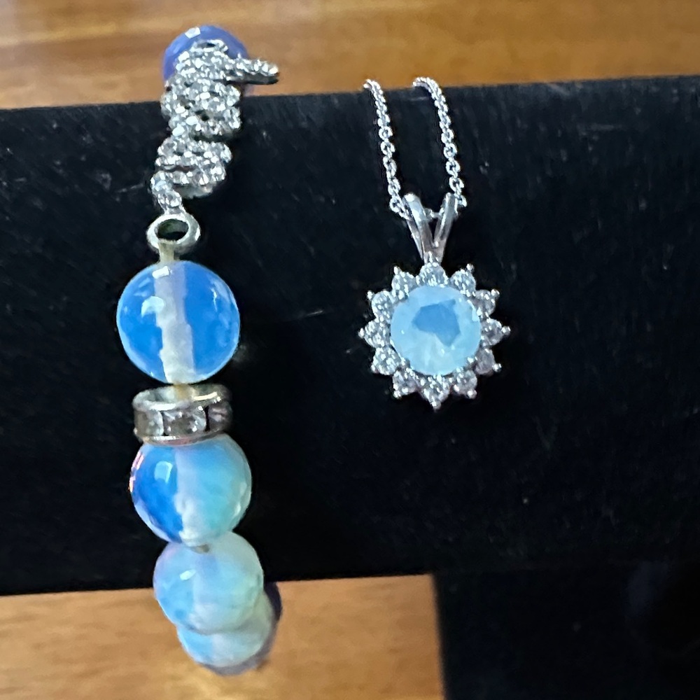 Moonstone bundle Blue and Silver Jewelry Set. 925 pendant and chain w/ crystals